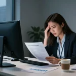 Stress mit Chef: Professionelle Frau zeigt Anspannung am Schreibtisch mit Berichten und Computer in modernem Büro.