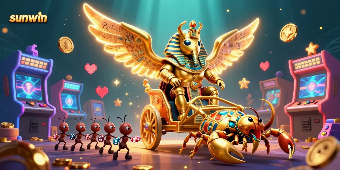 Play slots on sunwin with a vibrant scene featuring a golden scarab beetle and colorful game elements.
