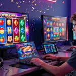 Exciting gaming scene with a player enjoying สล็อตเว็บตรง online slots on a modern laptop amidst vibrant graphics and celebration animations.