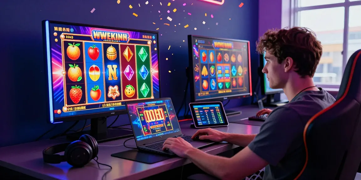 Exciting gaming scene with a player enjoying สล็อตเว็บตรง online slots on a modern laptop amidst vibrant graphics and celebration animations.