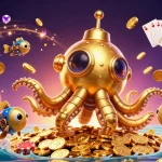 Engage with the thrilling qq88-link experience, showcasing a golden kraken submarine amid swirling coins and vibrant game elements.
