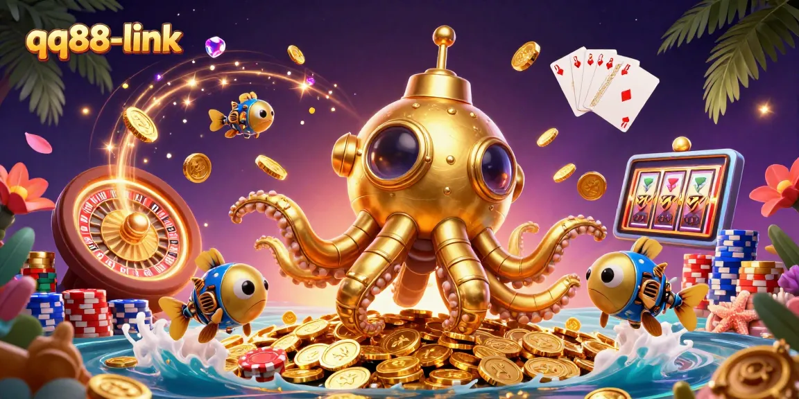 Engage with the thrilling qq88-link experience, showcasing a golden kraken submarine amid swirling coins and vibrant game elements.