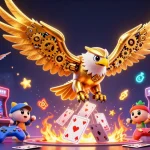 5a1 showcases a cybernetic golden eagle diving through holographic cards amidst casino-themed game elements