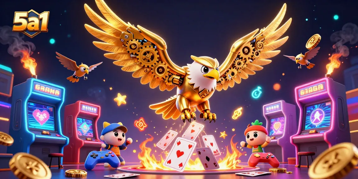 5a1 showcases a cybernetic golden eagle diving through holographic cards amidst casino-themed game elements