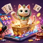 a72 showcases an Egyptian mummy cat in a dynamic casino scene, bursting with vibrant slot game elements.