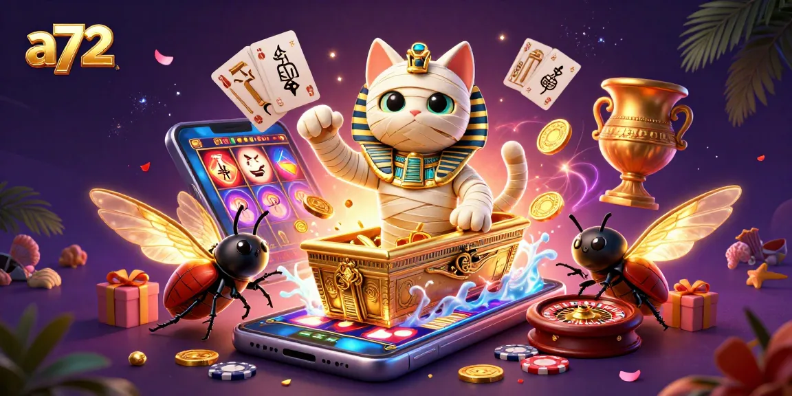 a72 showcases an Egyptian mummy cat in a dynamic casino scene, bursting with vibrant slot game elements.