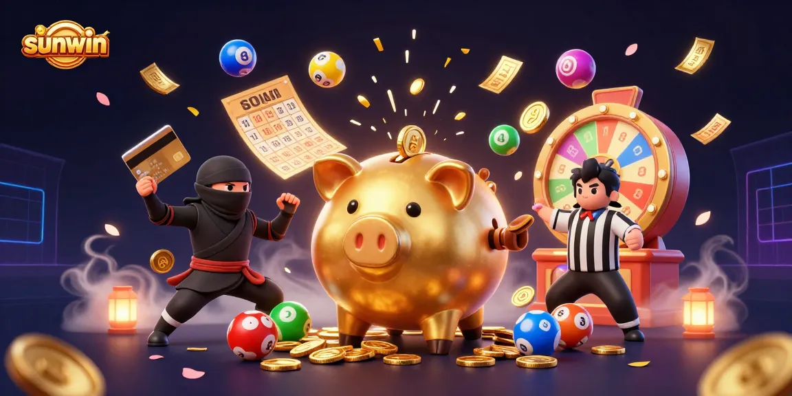 Engage with the vibrant world of sunwin featuring a dynamic 3D illustration of a sumo wrestler piggy bank and casino elements.